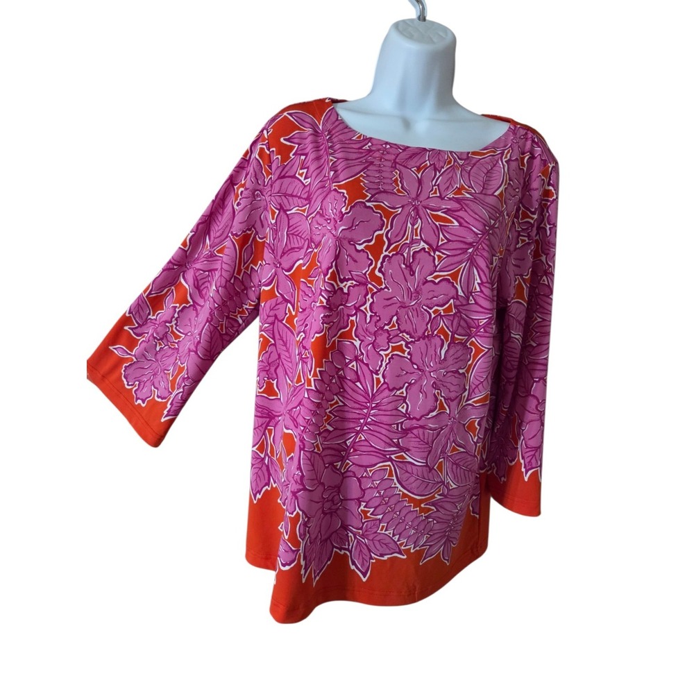 Bob Mackie Wearable Art Floral Purple Dark Orange 3/4-Sleeve Stretch Blouse M